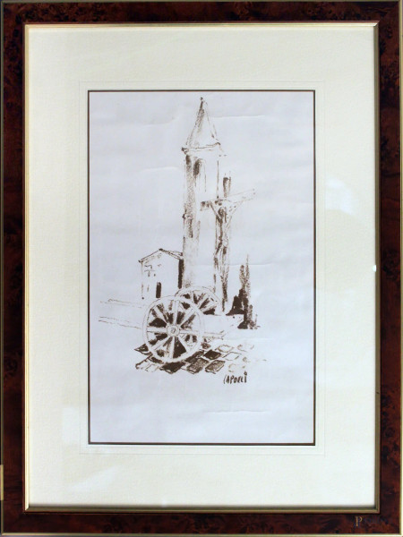 Campanile, carboncino firmato Capocci, cm 51 x 37.