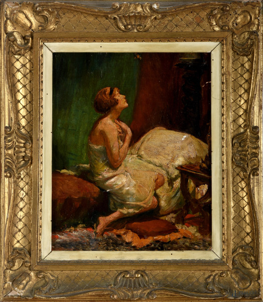 Giovane donna seduta sul letto, olio su cartone, inizi del XX secolo, cm 32x26 entro cornice