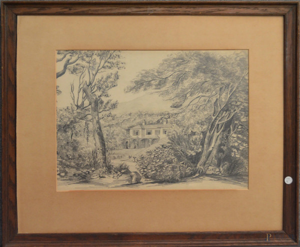 Scorcio di parco con villa, disegno a matita 48x36 cm, entro cornice