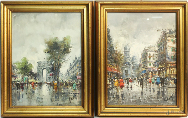 Scorci di Parigi, coppia dipinti ad olio su cartone 40x30 cm, firmato, entro cornice.