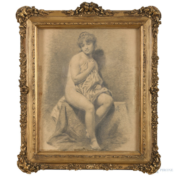 La modella, XX secolo, grafite su carta, cm 30x25, siglato a destra, entro cornice, (segni di usura, bruniture, tracce di nastro adesivo)