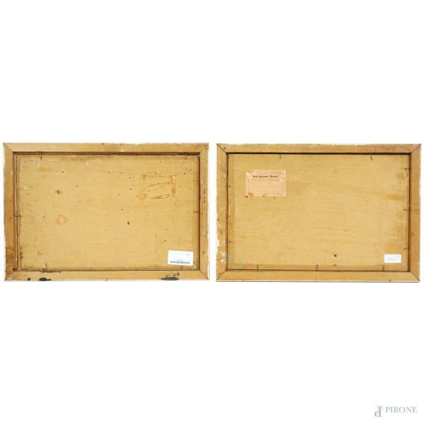 Scorci di fattoria, coppia di dipinti, cm 26x40,5 e cm 26x41, firmati e datati rispettivamente "4...