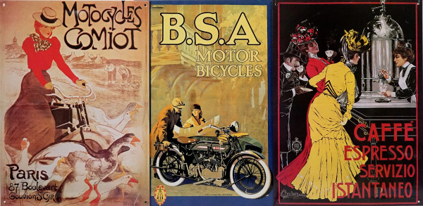Café Espresso, Motocycles Comiot e B.S.A.Motor Bicycles, lotto di tre pannelli pubblicitari a colori in latta, cm 40x30, XX secolo, (difetti).