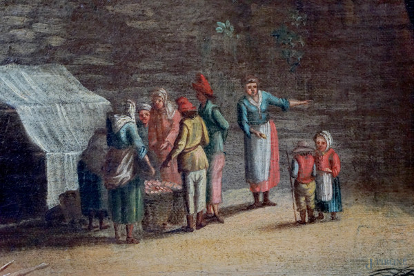 Scuola fiamminga del XVII secolo, Scorcio di porto con figure, olio su tela, cm 44,5x66, entro co...