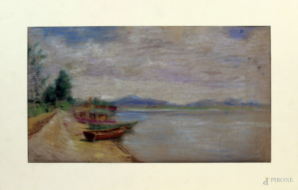 Paesaggio fluviale con imbarcazioni, tecnica mista su carta, cm 27x47, firmato, (difetti sulla carta)
