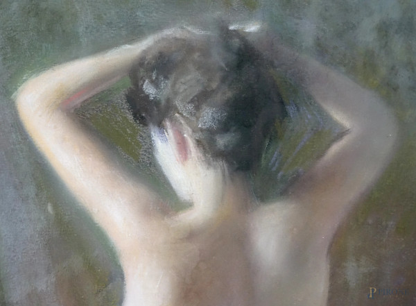 Nudo di donna di spalle, pastello su cartoncino, cm 61x42,5, firmato in basso a destra, entro cor...