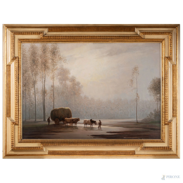 Carro con buoi, XX secolo, olio su compensato, cm 70x100,5, firmato in basso a destra, entro cornice