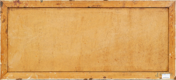 Campagna romana con armenti, olio su cartone telato, firmato, cm 45,5x115, entro cornice