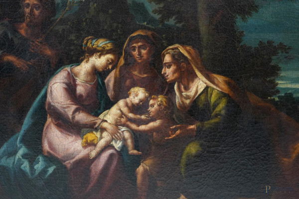 Scuola romana o napoletana del XVIII secolo, Sacra Famiglia con Sant'Anna e San Giovannino, olio ...