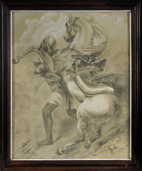 Cavaliere arabo con cavallo imbizzarrito, matita su carta, firmato in basso a sinistra, cm 58x45,5, entro cornice, (difetti)