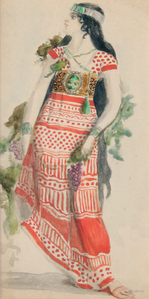Pittore del XIX sec., Fanciulla con grappolo d'uva, acquarello su carta, cm 24x11, entro cornice.