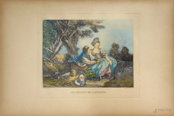 Francoise Boucher (1703-1770) “Les delices de l’automne”, acquaforte a colori, incisore Jean Daullè (1703-1763), cm 38x55, il foglio, Francia 1756