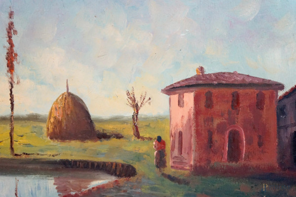 Lotto di quattro dipinti ad olio su tela e compensato raffiguranti soggetti diversi, misure max c...