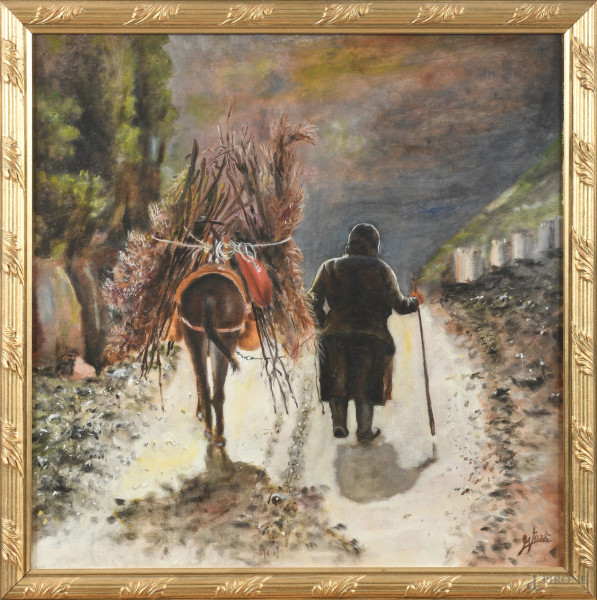 Il ritorno, XX secolo, acrilico su tela, cm 60x60, firmato in basso a destra, entro cornice, (segni di usura)