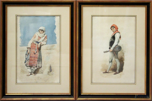 Piancastelli, Fanciulla e suonatore, coppia di acquarelli su carta, cm 34 x 23, entro cornici.