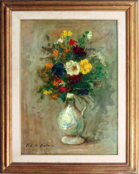 Vaso con fiori, olio su cartone, cm 66x45, firmato, entro cornice.