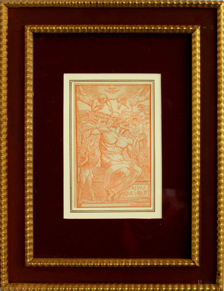 Incisione raffigurante figure, cm 19x12, firmata A. De Karolis, entro cornice.