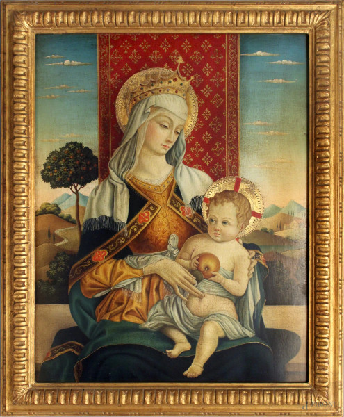 Da Carlo Crivelli, Madonna con Bambino, oleografia su tavola, cm 70,5x55, XX sec., entro cornice.