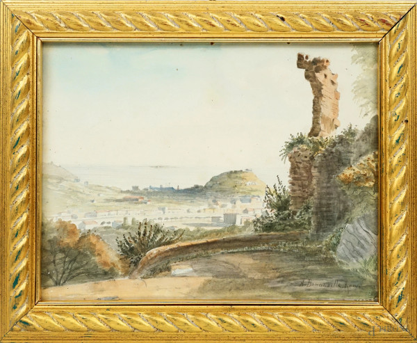 Veduta di paese costiero con rovine, acquarello su carta, cm 25x33, firmato, entro cornice.