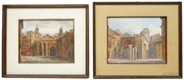 Rinaldo Caressa - Portico di Ottavia, due dipinti ad olio su cartone telato, misure max cm 20x25, entro cornici.
