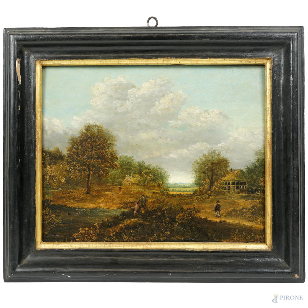 Scuola nord-europea della fine del XIX secolo, Paesaggio fluviale con pescatori e viandante, olio su tavola, cm 35x45,5, entro cornice, (cadute di colore)