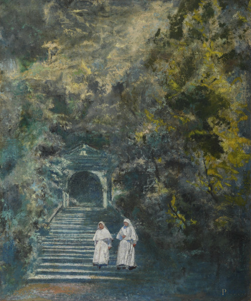 L'uscita dal convento, olio su cartone pressato, XX secolo, cm 65x54,5, 8difetti)