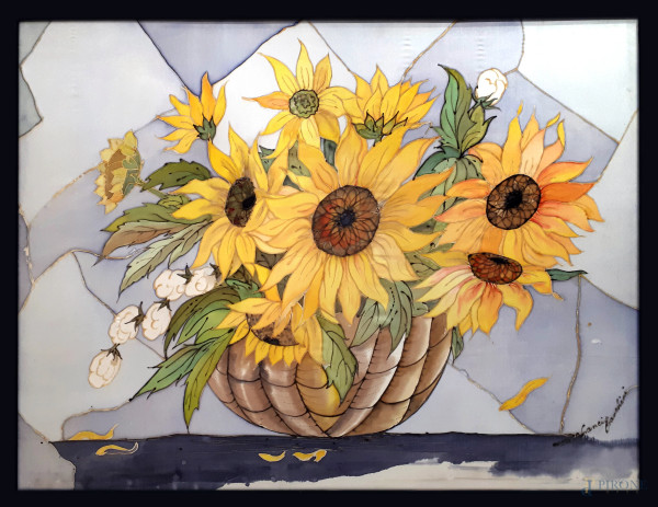 Artista del Novecento, Vaso con girasoli, raffinato dipinto su seta pura, cm 65x90, firmato, entro cornice.