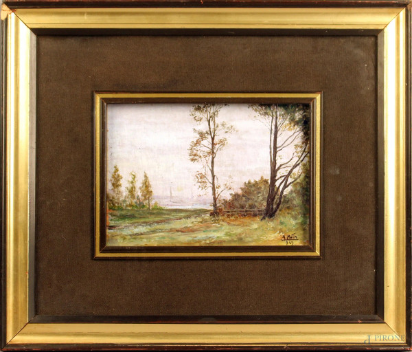Paesaggio con alberi, olio su tavola, cm. 17x20,5, firmato entro cornice.
