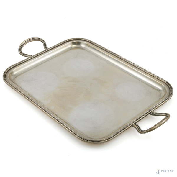 Vassoio in argento 800/000 a doppia presa, cm 42x25, peso gr 660