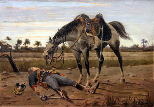 Paesaggio con cavallo e soldato, olio su tavola, cm 40x60, entro cornice firmato.
