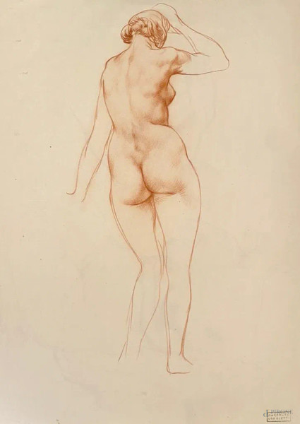 Romano Dazzi (1905-1976), Nudo femminile, 1926 circa, sanguigna e sfumino su carta, cm 44x32. Opera proveniente dalla Collezione Ugo Ojetti con timbro della collezione.