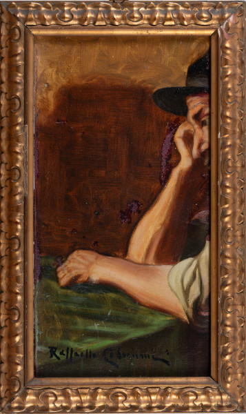 Pensieri, XX secolo, olio su tela applicata su compensato, cm 39x20, firmato in basso, entro cornice, (segni di usura, lievi abrasioni, restauri, cadute di colore, difetti)