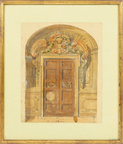 Eugenio Cisterna - Studio di un portale di Villa Taverna, tecnica mista su carta, firmato in basso a sinistra E. Cisterna, cm 21,5x17,5 circa, entro cornice