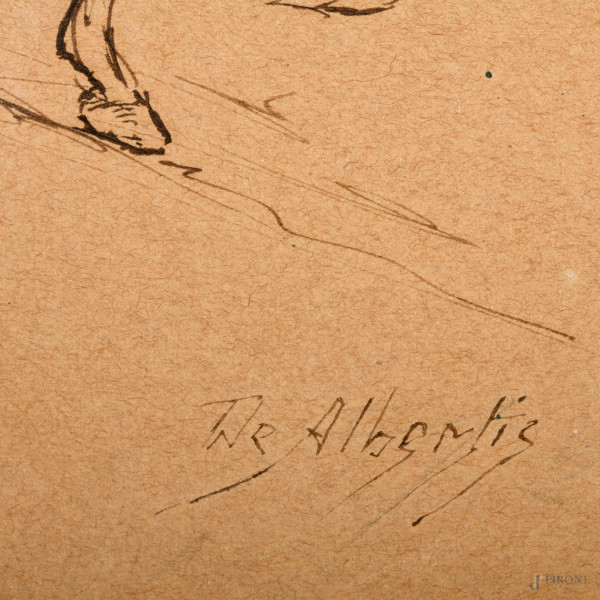 Donna a cavallo, china su carta, cm 20x12,5 entro cornice, firmato De Albertis in basso a destra,...