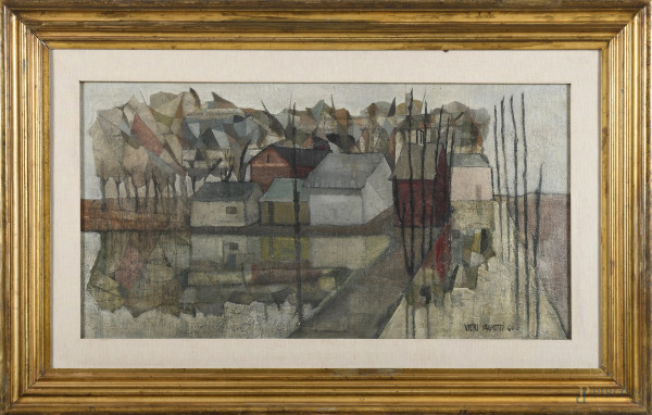 Vieri Vagnetti (1935 - 1994), Inverno in Olanda, tecnica mista su tela, cm 50x95, firmato e datato 