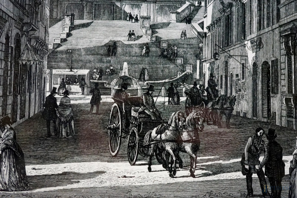 Veduta di via Condotti, da un'incisione di Luigi Rossini (Ravenna, 1790 – Roma, 1857), cm 51x41, ...