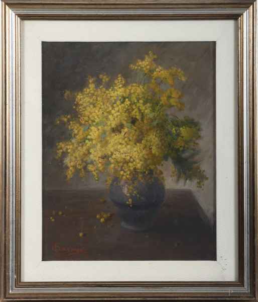Vaso con mimose, XX secolo, olio su compensato, cm 52x42, firmato in basso a sinistra, entro cornice