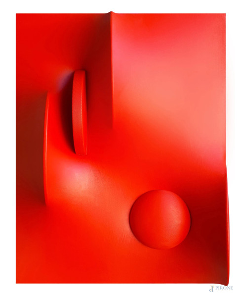 Maestro dello Spazialismo, Composizione in rosso, tela estroflessa e vernice acrovinilica, cm 30x40, firmato e datato al retro, con autentica