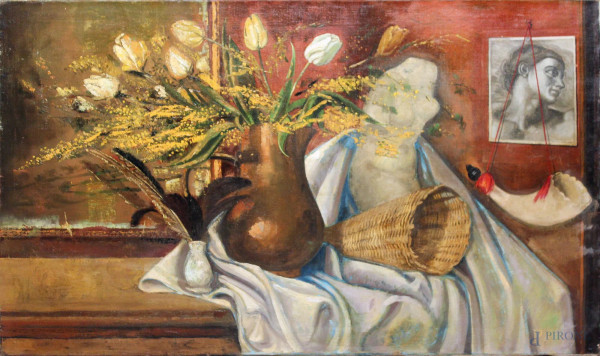 Vaso con fiori, natura morta, dipinto ad olio su tela firmato, cm 64 x 100.
