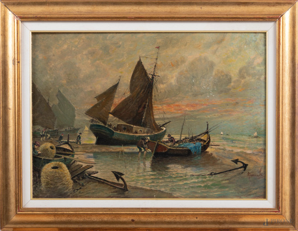 Pescatori, XX secolo, olio su faesite, cm 50x70, firmato in basso a destra, entro cornice, (cartone imbarcato, abrasioni, difetti)
