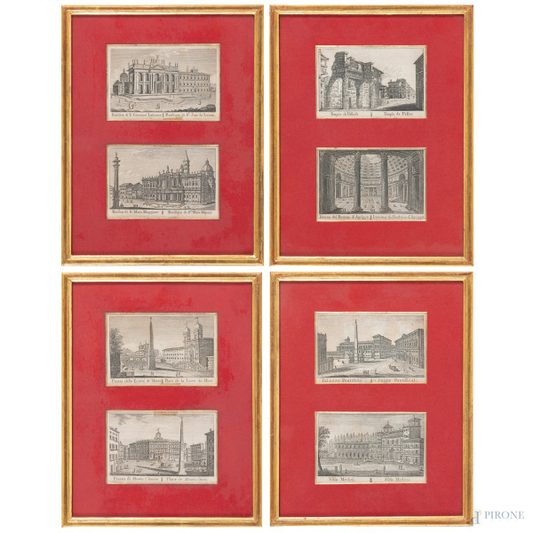 Lotto di otto stampe incorniciate in coppia raffiguranti luoghi di Roma, XIX secolo, cm 27x20,5 compreso passepartout, entro cornice, (ondulazioni della carta, foxing, tracce di umidità, restauri)