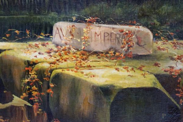 Verso sera nelle Paludi pontine, olio su tela, cm 48x84,5, siglato e datato "MRD 1916" in basso a...