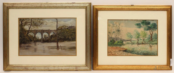 Lotto composto da due paesaggi, acquarelli su carta, cm 19 x 29 e cm 18 x 25, entro cornice.