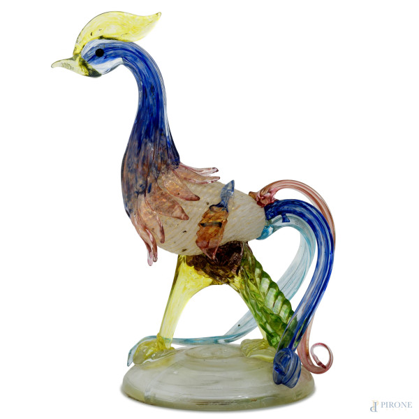 Scultura in vetro di Murano raffigurante uccello del Paradiso, XX secolo, cm 24x14x12, (difetti)