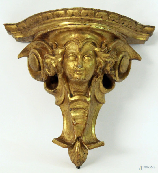 Mensola da muro in legno intagliato e dorato, sorretta da volto femminile, h. 35 cm
