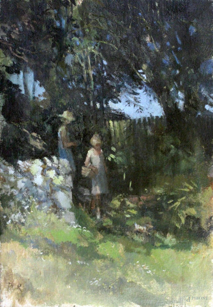 Giardini con fanciulli, olio su tela siglato, cm 50 x 35.