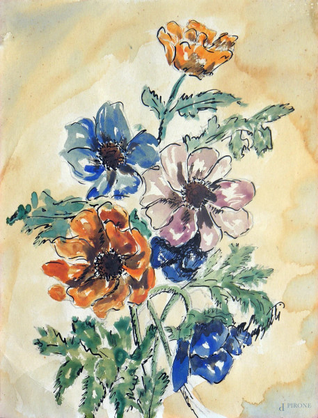 Artista del Novecento, piccolo mazzo di fiori, tecnica mista su carta, cm 18x24, anni ‘30, firmato  