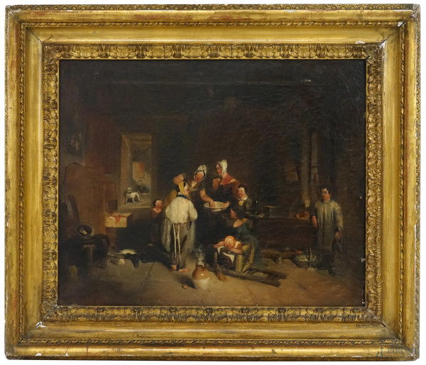 Scuola inglese del XIX secolo, Il cavadenti, olio su tela, cm 43,5x53,5,  entro cornice, (lievi difetti)
