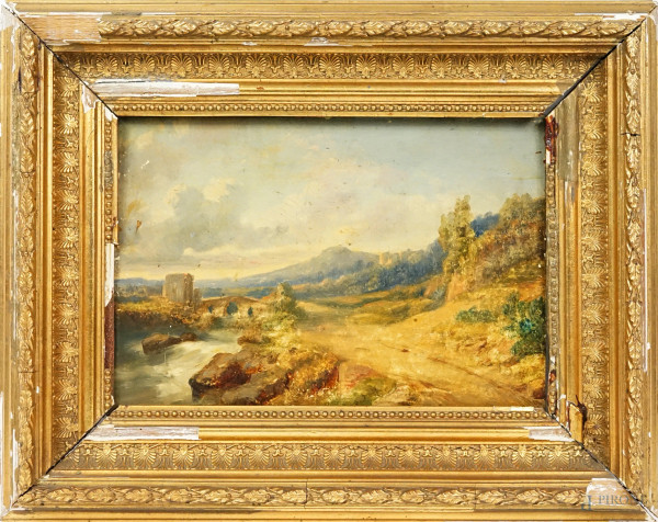 Paesaggio fluviale con ponte, olio su tavola, XIX-XX secolo, cm 18,2x26,3, entro cornice (difetti)