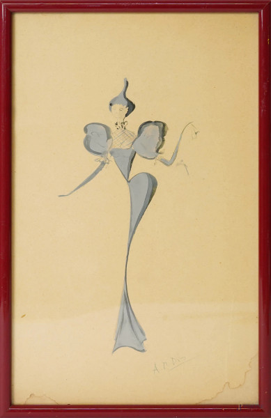 Figura femminile, tempera e matita su carta, siglato in basso a destra A.M. DIS, cm 34x21, entro cornice (difetti)